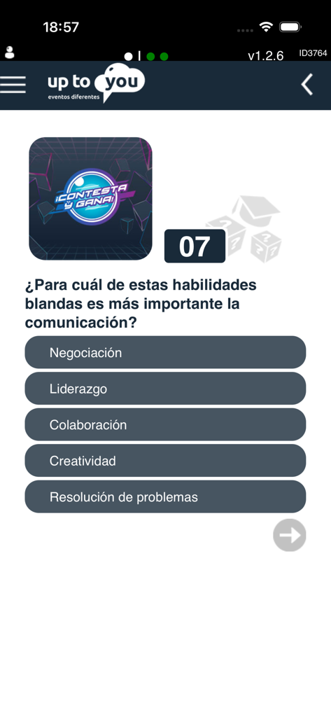Up2you - Mobile app interface showing an interactive quiz question about soft skills and communication