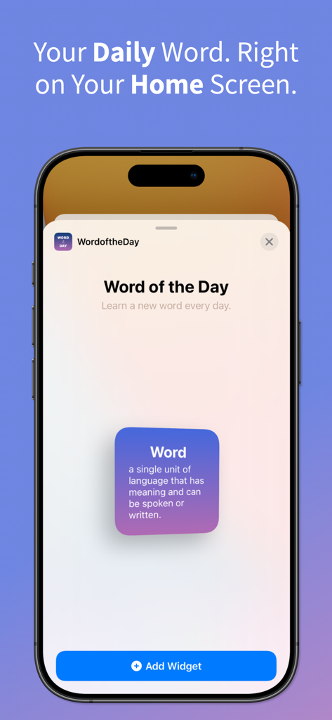 iPhone screen displaying a Word of the Day widget preview with a word definition