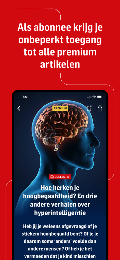 Captura de pantalla de la aplicación Tubantia Nieuws destacando el acceso ilimitado a artículos premium con una ilustración de un cerebro.