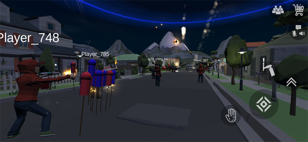 Players lighting fireworks together in a 3D suburban neighborhood during a multiplayer session.