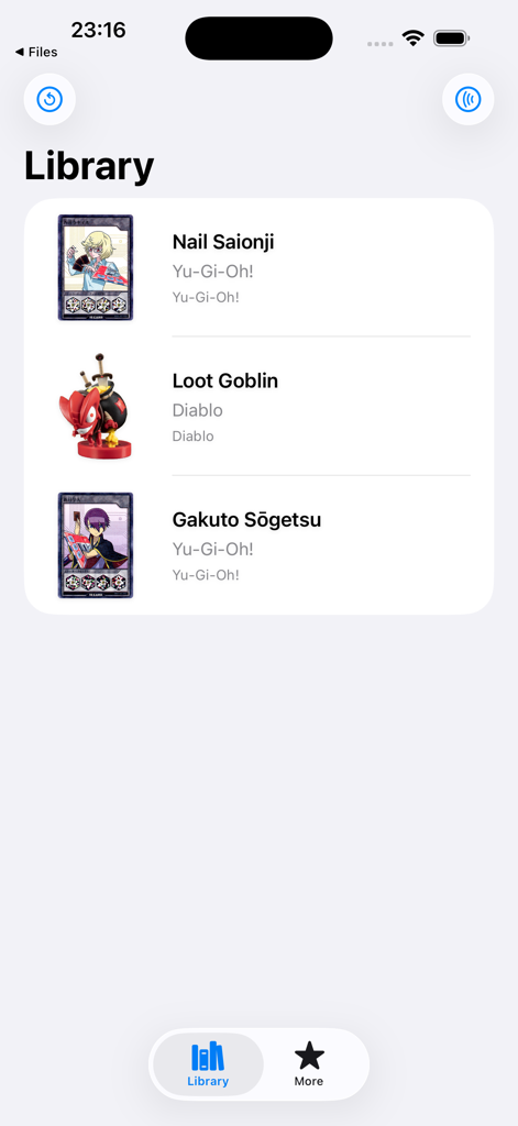 Amiibomb - NFC Tool for Amiibo - Library screen of Amiibomb app showing a list of saved Amiibo and NFC cards