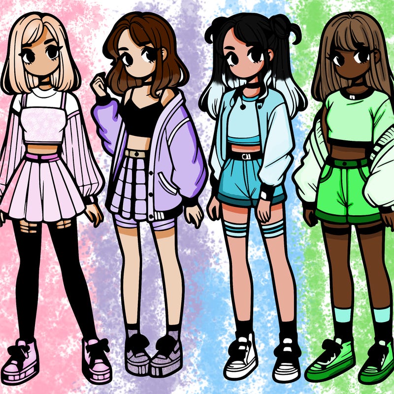 one girl with crop-top shirt and a jacket with a skirt, long socks and another girl with a shirt and pants with a jacket