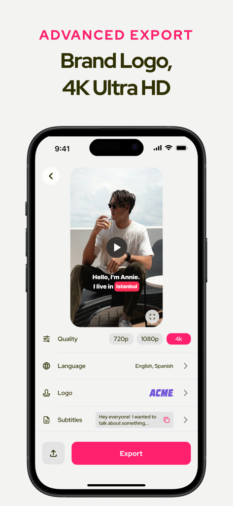 Subcap: Captions AI, Subtitles - Subcap app interface showing video export settings for 4K quality and custom brand logo