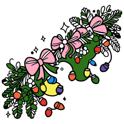 christmas garland: decorated with lights and ribbons..simple vector art