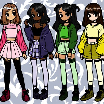 one girl with crop-top shirt and a jacket with a skirt, long socks and another girl with a shirt and pants with a jacket