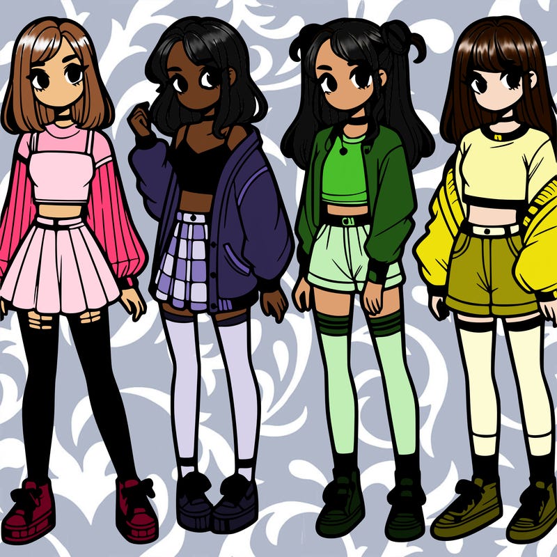 one girl with crop-top shirt and a jacket with a skirt, long socks and another girl with a shirt and pants with a jacket