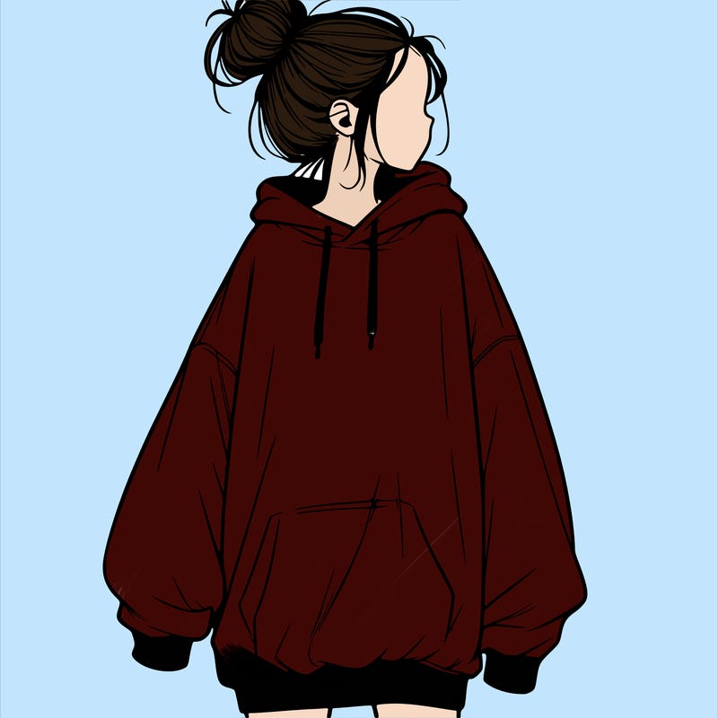 realistic girl with a oversized sweatshirt on and a bun