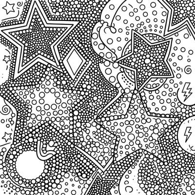 Explore a vibrant fusion of Pop Art energy and intricate dot work patterns in this captivating coloring page featuring dynamic stars. This unique design offers a fun challenge for colorists of all levels, promising hours of creative enjoyment.
