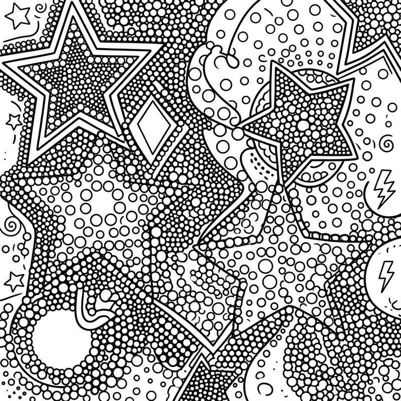 Explore a vibrant fusion of Pop Art energy and intricate dot work patterns in this captivating coloring page featuring dynamic stars. This unique design offers a fun challenge for colorists of all levels, promising hours of creative enjoyment.
