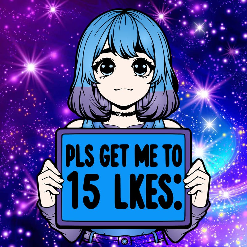 realistic girl holding up a sign that says “pls get me to 15 likes!”