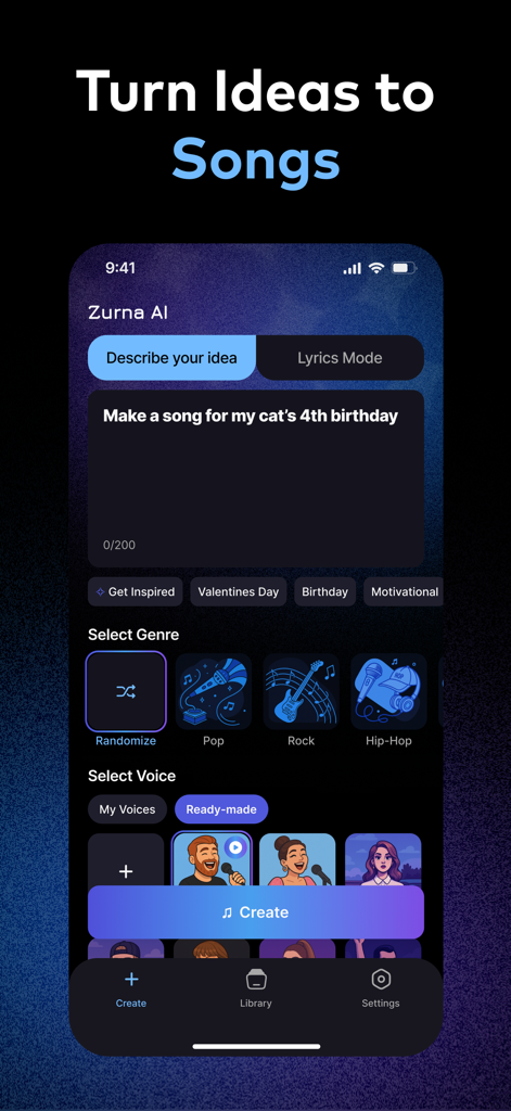 Zurna: AI Song & Music Maker - Captura de pantalla de la interfaz de la aplicación Zurna AI que muestra cómo convertir ideas en canciones seleccionando géneros musicales y voces
