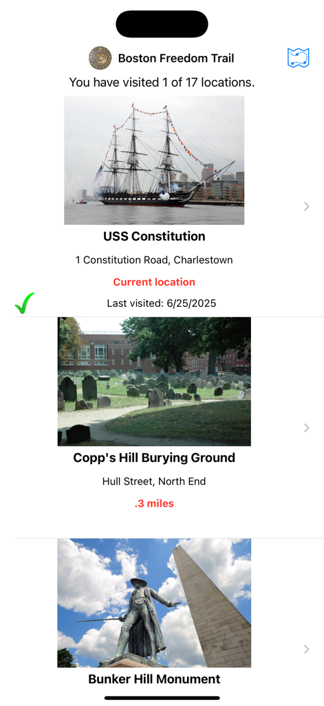 Freedom Trail - Boston - List of historical landmarks in the Freedom Trail Boston app showing the USS Constitution and Bunker Hill Monument