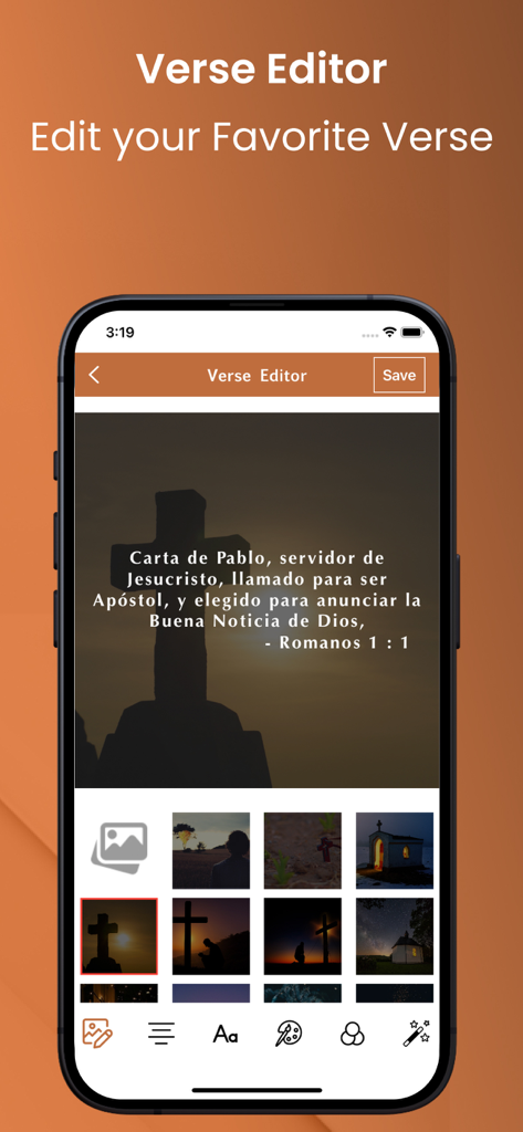 La Santa Biblia Católica. - Interface of the Verse Editor feature in the La Santa Biblia Catolica app showing a Spanish scripture verse over a cross background.
