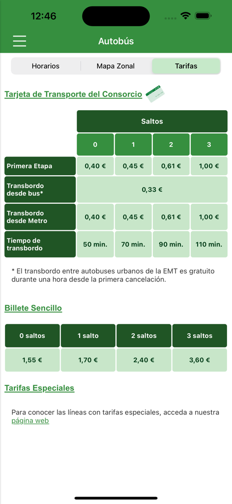 Consorcio Malaga - Pantalla de la aplicación oficial Consorcio Malaga que muestra las tablas de tarifas de autobuses para tarjetas de transporte y billetes sencillos según las zonas de viaje