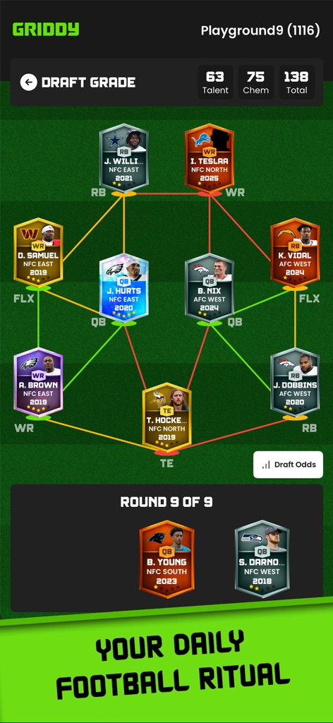 A strategic football draft screen in the Griddy app displaying a nine-round player lineup with team chemistry and talent scores.