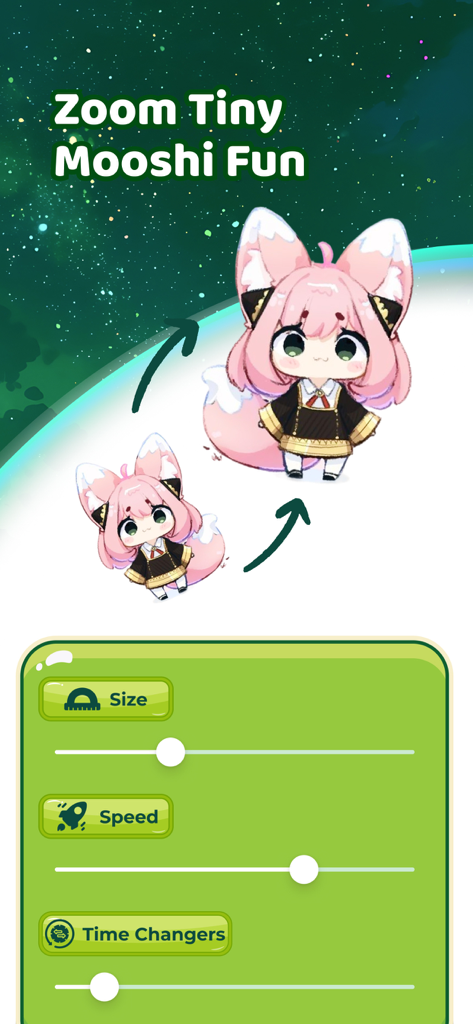 Un menu de l'application Mooshi montrant des curseurs de personnalisation pour la taille et la vitesse des personnages avec une jolie fille renard anime rose.