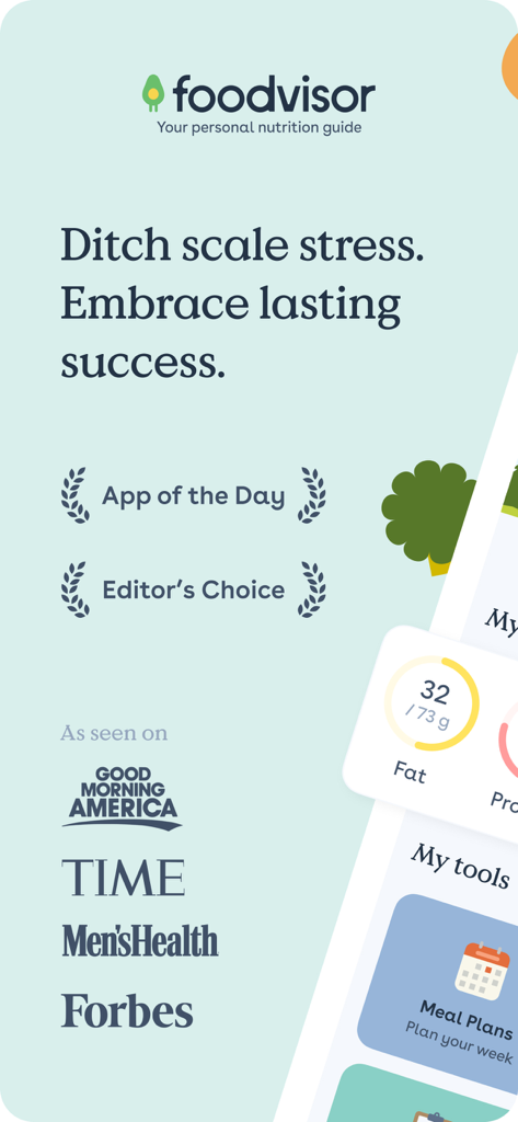 Foodvisor app marketing screen showing App of the Day and Editor's Choice awards with press mentions from Time and Forbes.