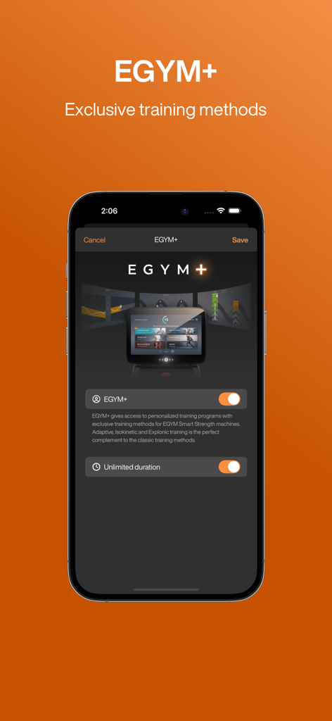 Smartphone displaying the EGYM Plus screen with exclusive training methods and personalized program settings