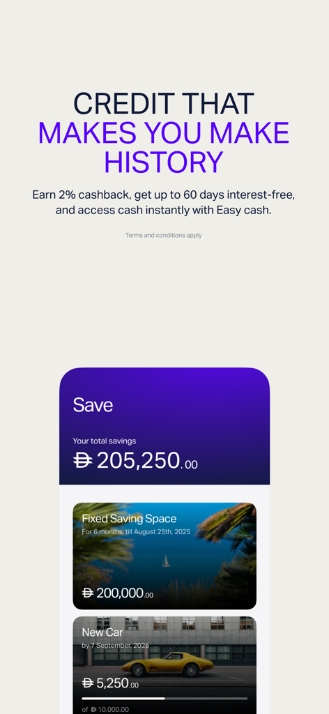 Wio Personal - Wio Personal app interface showing credit benefits and personalized savings spaces for fixed savings and a new car.