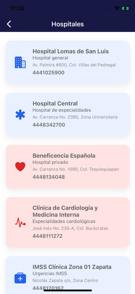 Plano Informativo - Local hospital directory in the Plano Informativo app listing medical centers in San Luis Potosi.