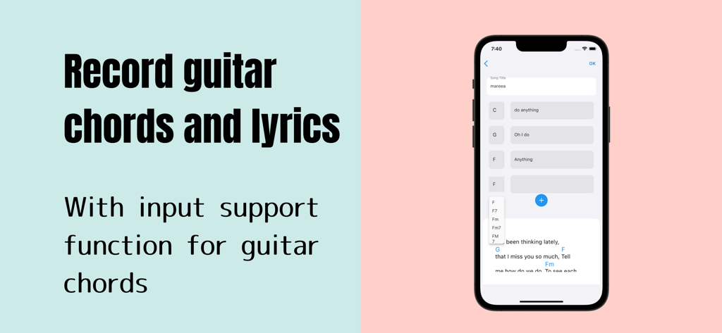 Guitar Chord & Lyrics Note App - Interface de l'application Guitar Chord et Lyrics Note montrant l'édition de chansons et le support de saisie d'accords sur un smartphone