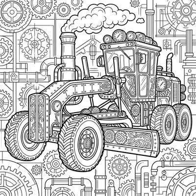 Embark on a unique coloring journey with this incredible steampunk motor grader. Adorned with intricate gears, gleaming brass, and a puffing chimney, it's a perfect blend of heavy machinery and fantastical Victorian engineering.
