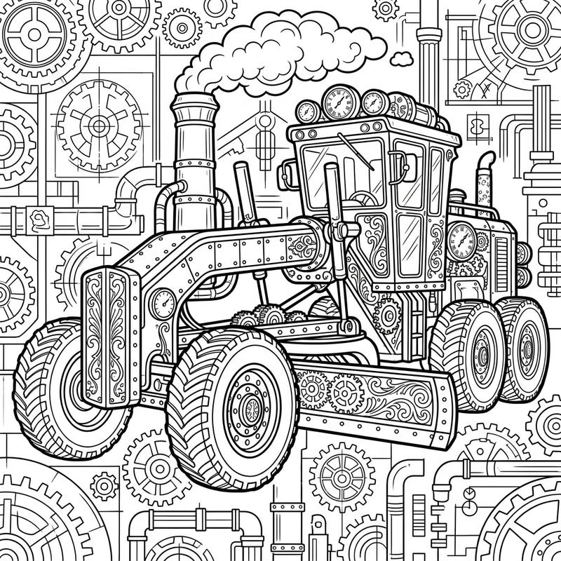 Embark on a unique coloring journey with this incredible steampunk motor grader. Adorned with intricate gears, gleaming brass, and a puffing chimney, it's a perfect blend of heavy machinery and fantastical Victorian engineering.