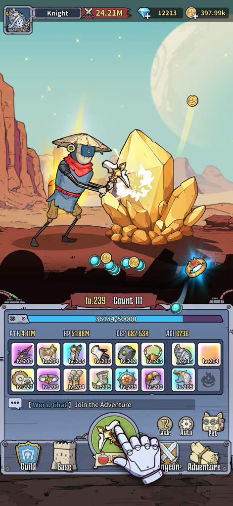 Un héroe robot usando un pico para minar un cristal brillante y recolectar equipo legendario en Dig-Dig Rush