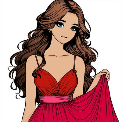 realistic girl in flowy silky prom dress
