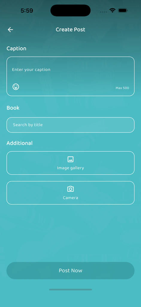 BookXcess - The Create Post interface in the BookXcess app with fields for a caption, book title search, and image upload options.