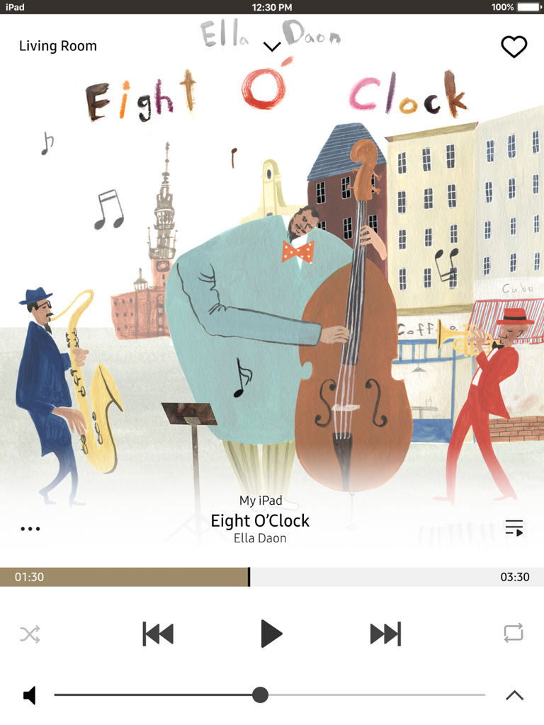 Samsung Wireless Audio Multiroom iPad app music player screen showing playback controls and jazz album art for the living room.