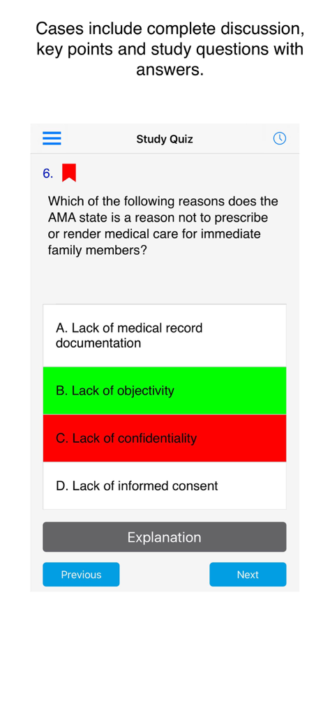 Captura de pantalla de una pregunta de cuestionario de estudio de opción múltiple en la aplicación Case Files Ética Médica sobre las pautas éticas de la AMA