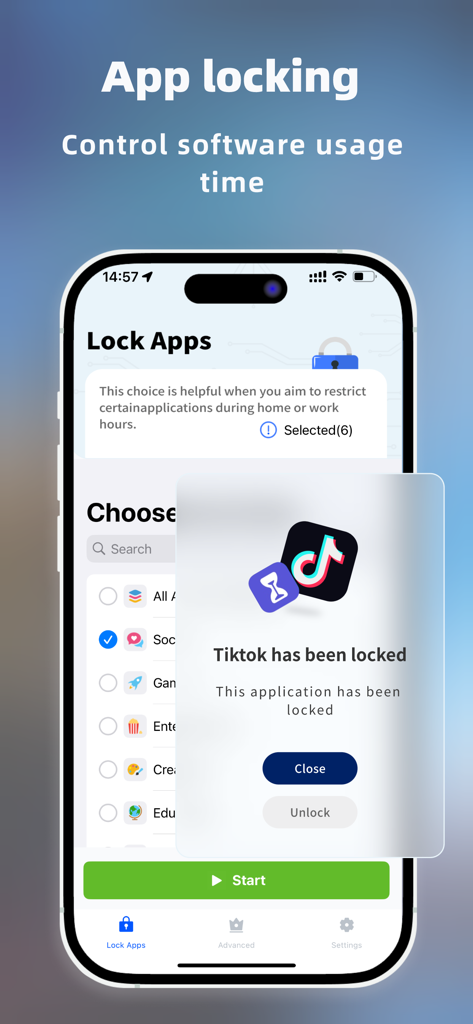 A mobile phone screen displaying a message that the TikTok app has been locked.