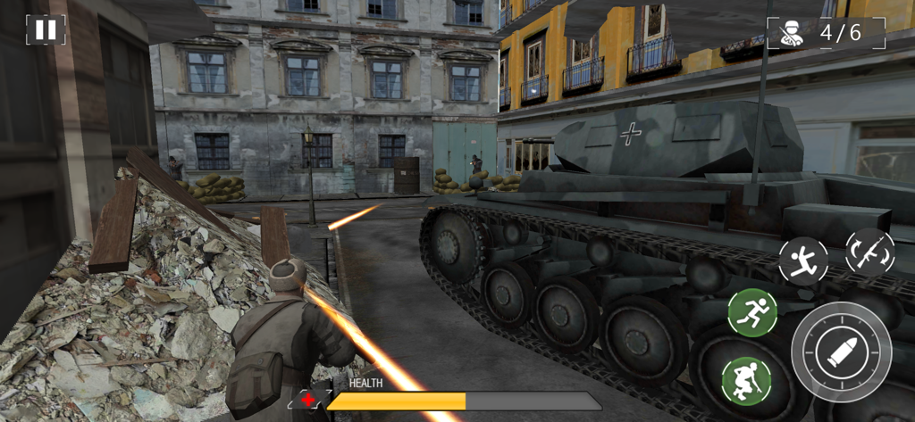 A soldier engages in combat near a tank in a World War 2 city.