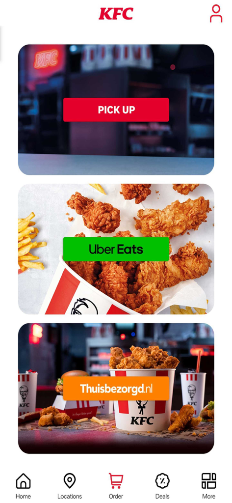 KFC Nederland - Interfaz de la app de KFC Países Bajos mostrando opciones de pedido para recoger, Uber Eats y entrega a domicilio con Thuisbezorgd