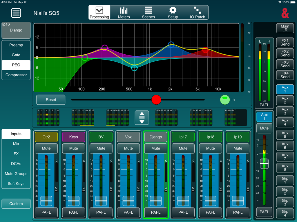 SQ MixPad - Parametric EQ interface on the SQ MixPad iPad app showing frequency graphs and channel faders