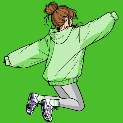 realistic girl jumping with a bun and oversized sweatshirt