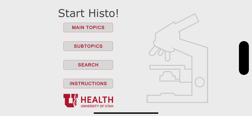 メインメニューとユタ大学ヘルスのロゴが表示されたHistoアプリのスタート画面