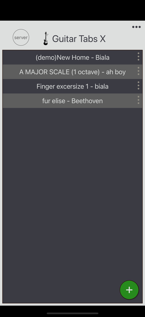 Guitar Tabs X - tabs editor - List of saved guitar tabs and music exercises in the Guitar Tabs X app