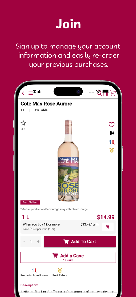 LeVino Wine Merchants mobile app product page showing a bottle of Cote Mas Rose Aurore with add to cart options