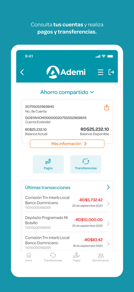 Dashboard of the Ademi mobile app showing a savings account balance and recent bank transactions.
