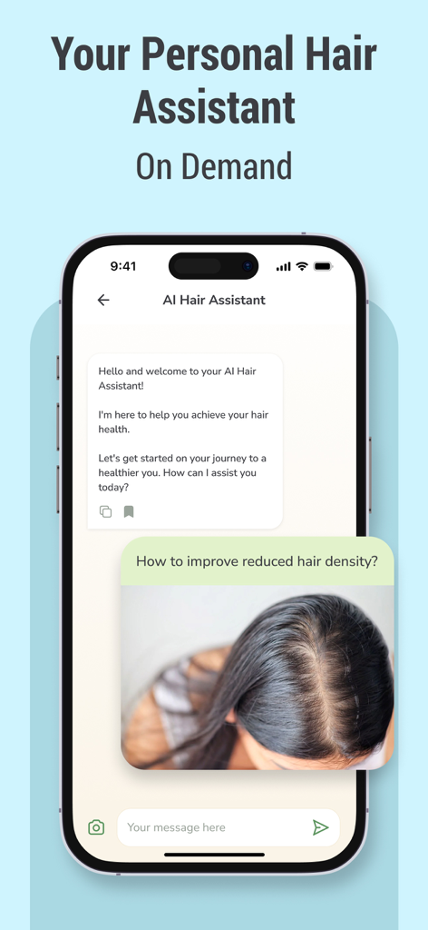 Hair Snap: AI Hair Scanner - AI hair assistant chat interface showing a user query about hair density with a scalp photo