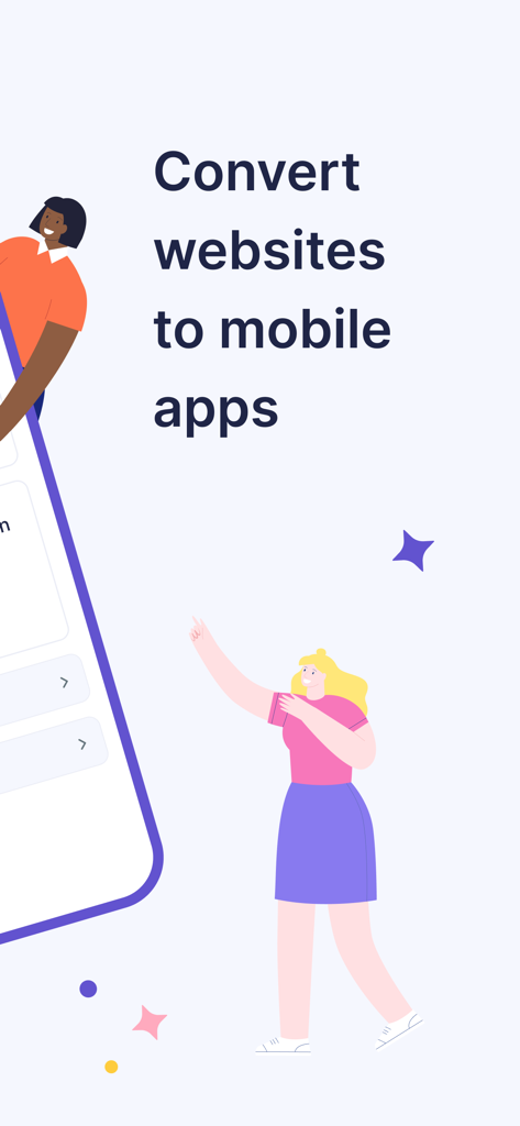Natively Preview - Gráfico de marketing para o Natively Preview mostrando o texto Converta sites em apps mobile com personagens ilustrados
