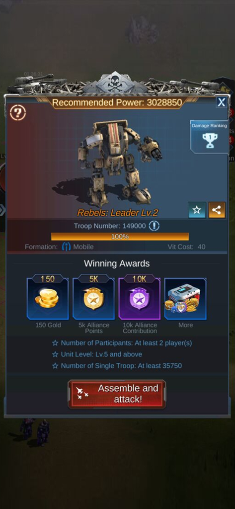 Interfaz de batalla contra jefe de Warfare Strike Global War mostrando un mecha líder rebelde y posibles recompensas como oro y puntos de alianza