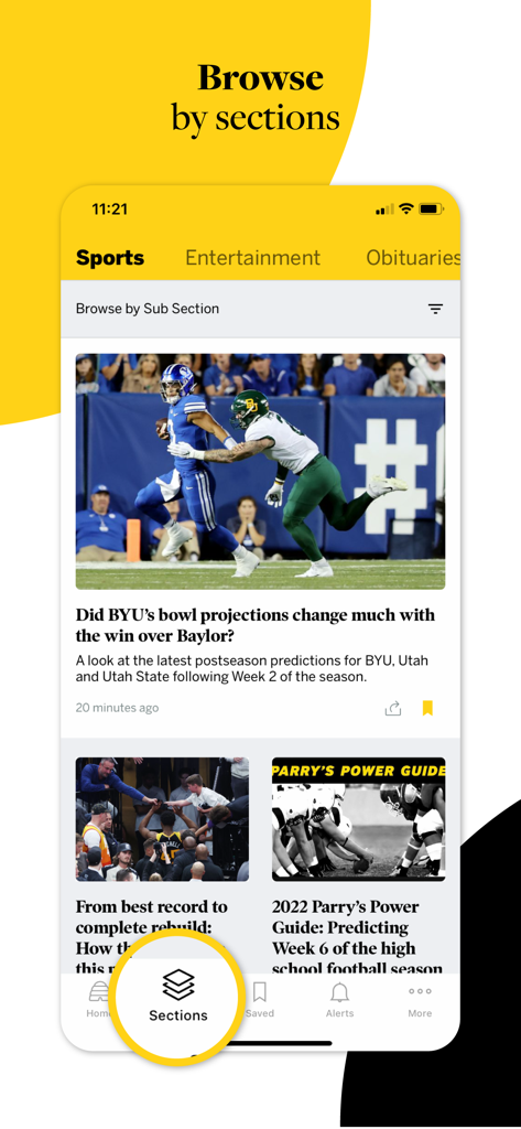 Deseret News mobile app interface showing the sports section and sections navigation.