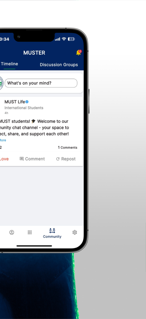 MUSTER | MUST University - A smartphone displaying the MUSTER app community timeline with news for international students