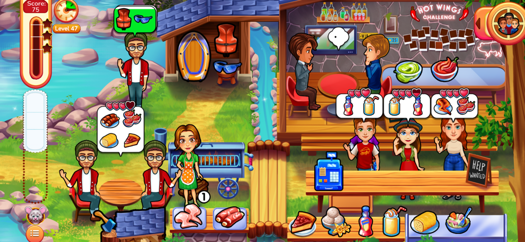 Delicious: Taste of Truth - Emily sirviendo a los clientes en un restaurante a orillas del río en el juego Delicious Taste of Truth