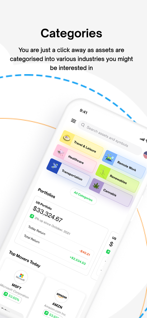 Trove - Investing, simplified - Trove mobile app showing investment categories like healthcare and renewables alongside portfolio value
