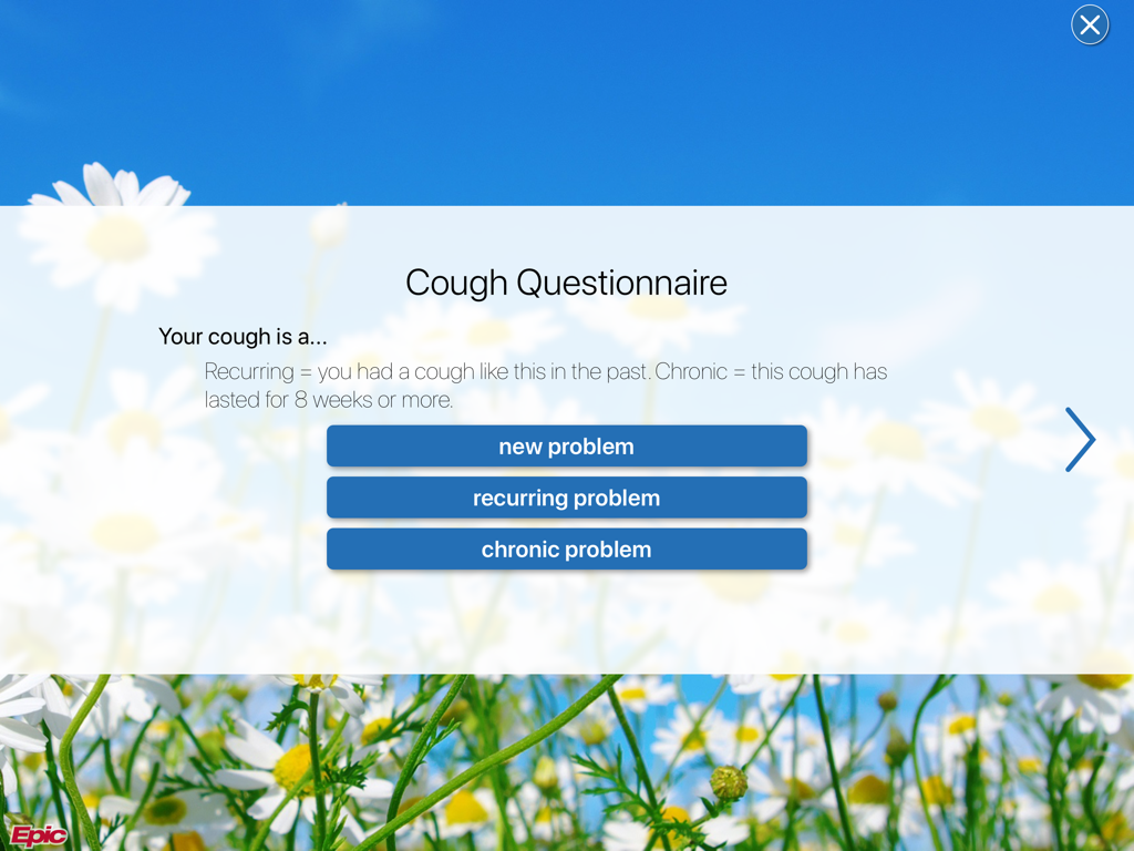 Epic Welcome - Epic Welcome patient self-service check-in app showing a cough questionnaire on an iPad screen