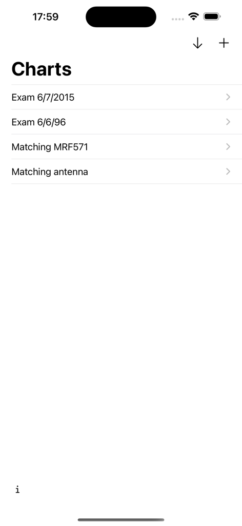 Smith Charts - A list view showing saved Smith chart projects including antenna matching and exam files